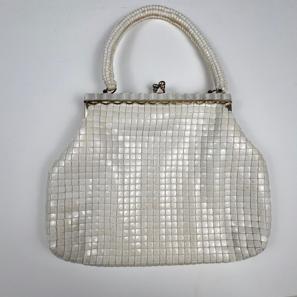 Vintage Mosaic Tile Handbag Womens Medium White Kiss Lock Retro Formal Bag